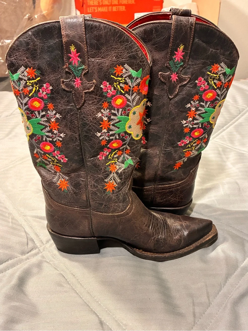 Macie Bean Brown Leather Kids Embroidered Western Boots